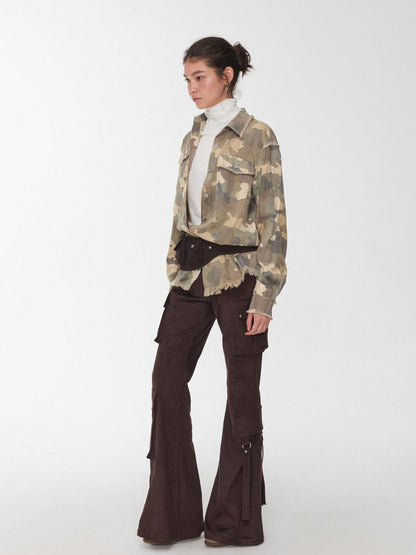 1JINN STUDIO Camel Gray Camo Washed Pleated Frayed Tassel Fitted Women&