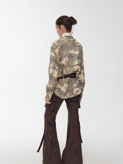 1JINN STUDIO Camel Gray Camo Washed Pleated Frayed Tassel Fitted Women&