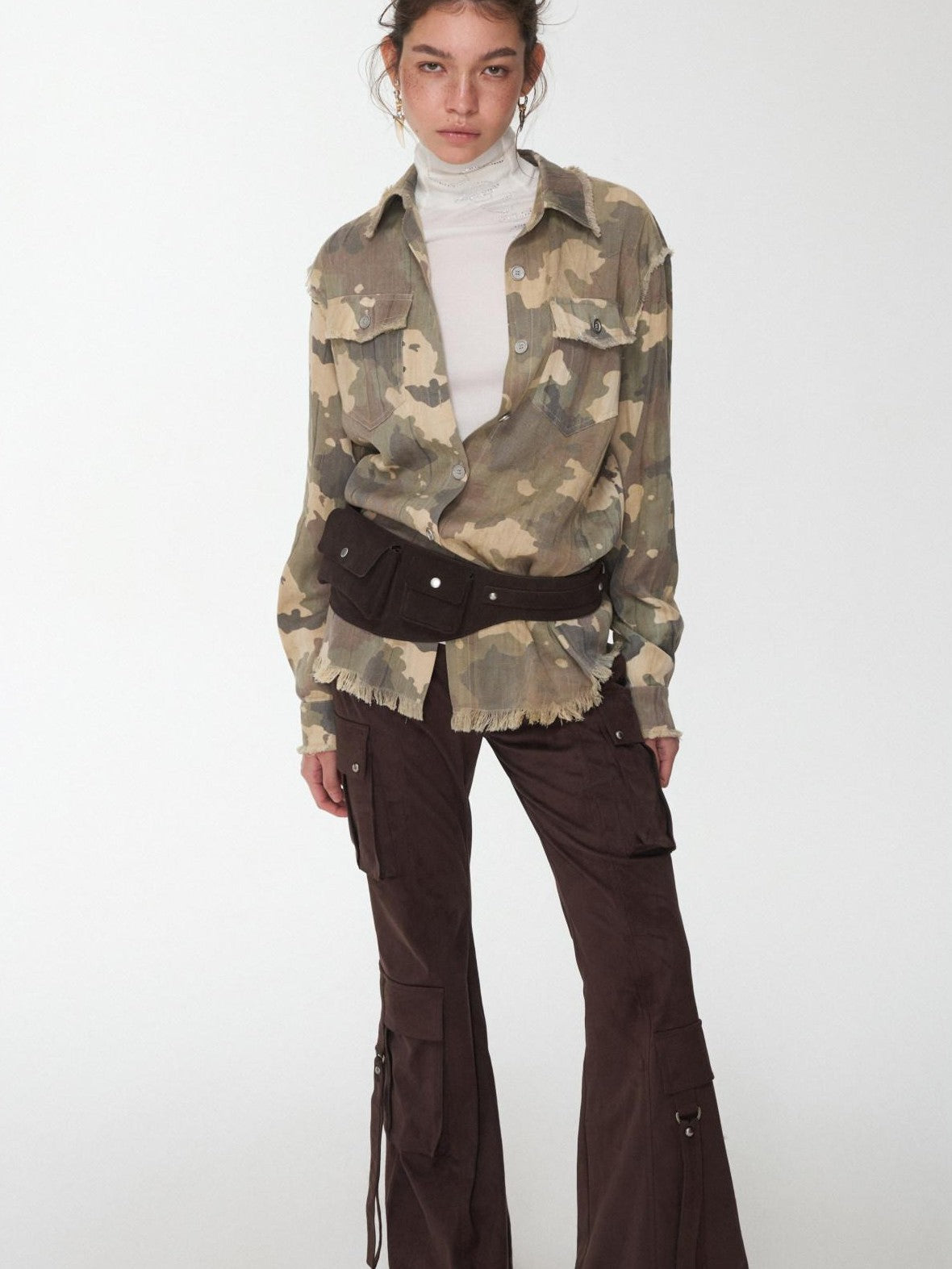 1JINN STUDIO Camel Gray Camo Washed Pleated Frayed Tassel Fitted Women&