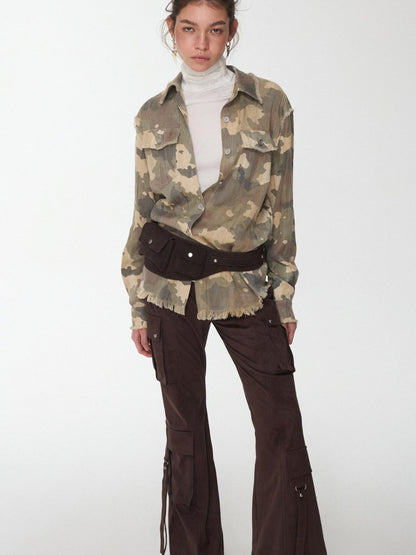 1JINN STUDIO Camel Gray Camo Washed Pleated Frayed Tassel Fitted Women&