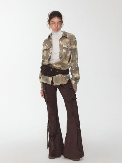 1JINN STUDIO Camel Gray Camo Washed Pleated Frayed Tassel Fitted Women&