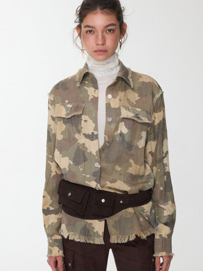 1JINN STUDIO Camel Gray Camo Washed Pleated Frayed Tassel Fitted Women&