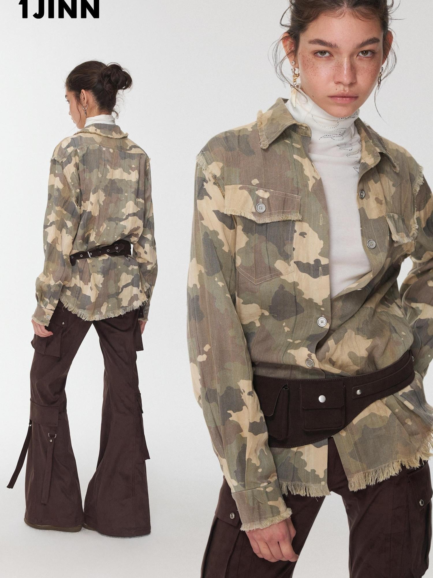 1JINN STUDIO Camel Gray Camo Washed Pleated Frayed Tassel Fitted Women&