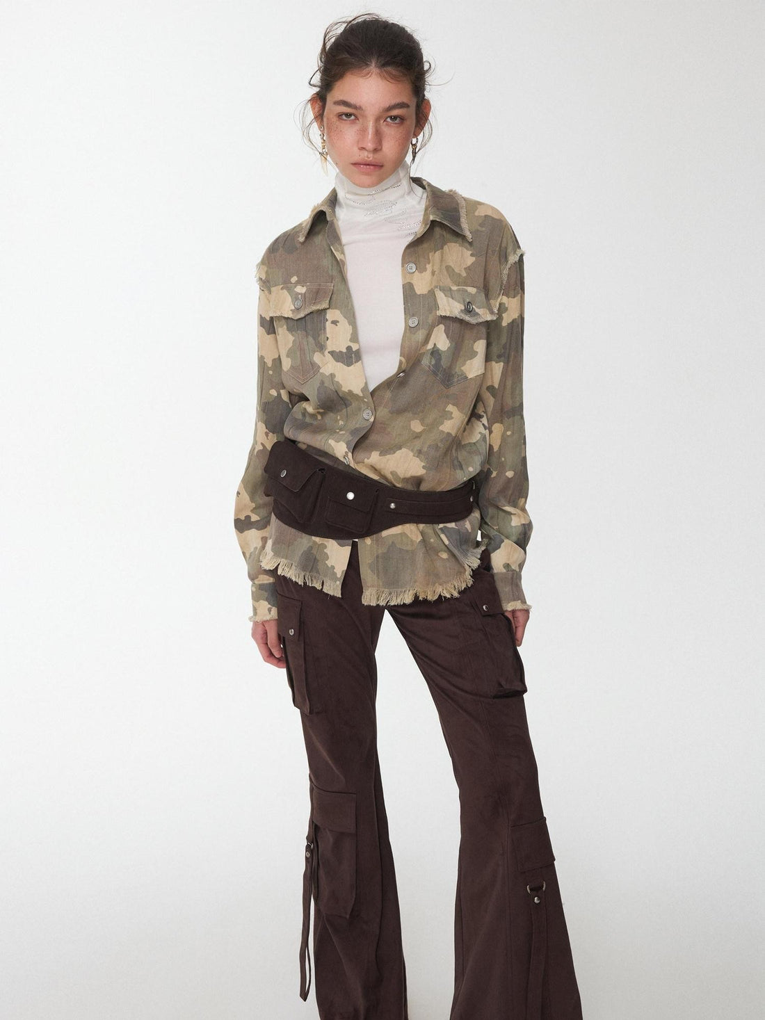 1JINN STUDIO Camel Gray Camo Washed Pleated Frayed Tassel Fitted Women&
