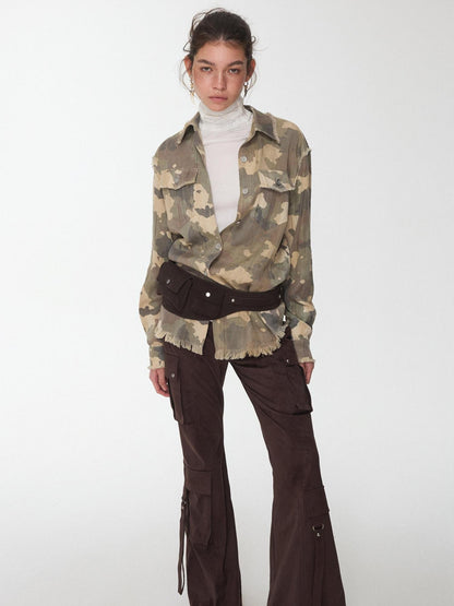 1JINN STUDIO Camel Gray Camo Washed Pleated Frayed Tassel Fitted Women&