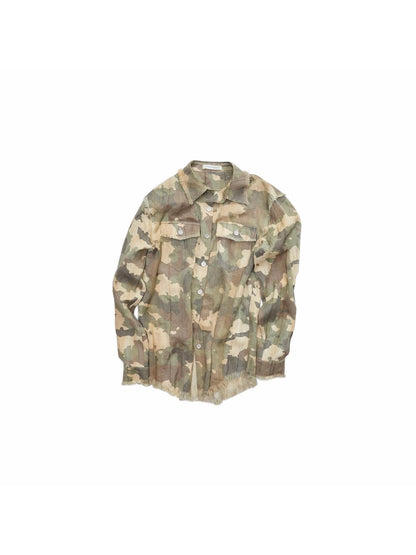 1JINN STUDIO Camel Gray Camo Washed Pleated Frayed Tassel Fitted Women&