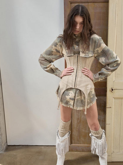 1JINN STUDIO Camel Gray Camo Washed Pleated Frayed Tassel Fitted Women&