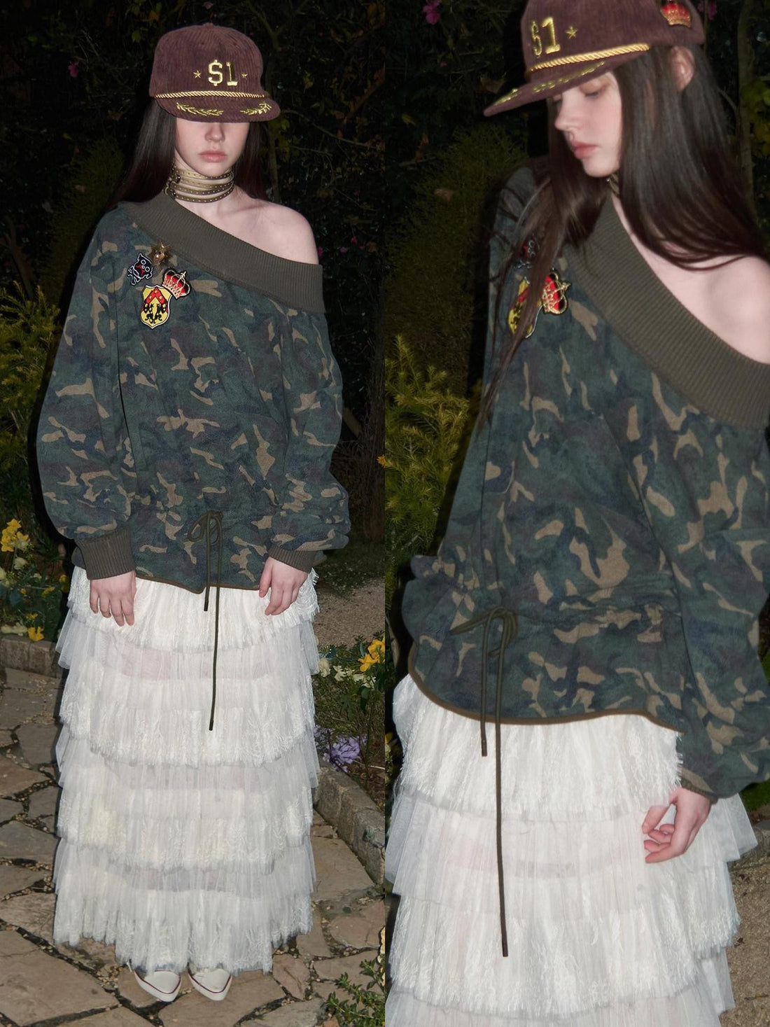 1JINN STUDIO Camouflage Asymmetrical Embroidered Badge Drawstring Women&