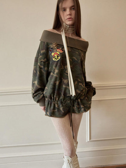1JINN STUDIO Camouflage Asymmetrical Embroidered Badge Drawstring Women&