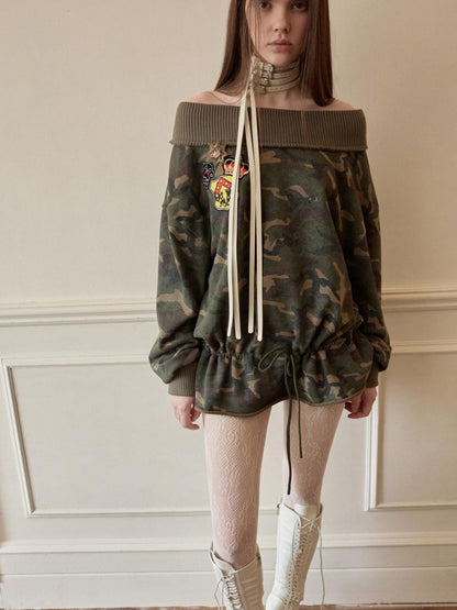1JINN STUDIO Camouflage Asymmetrical Embroidered Badge Drawstring Women&