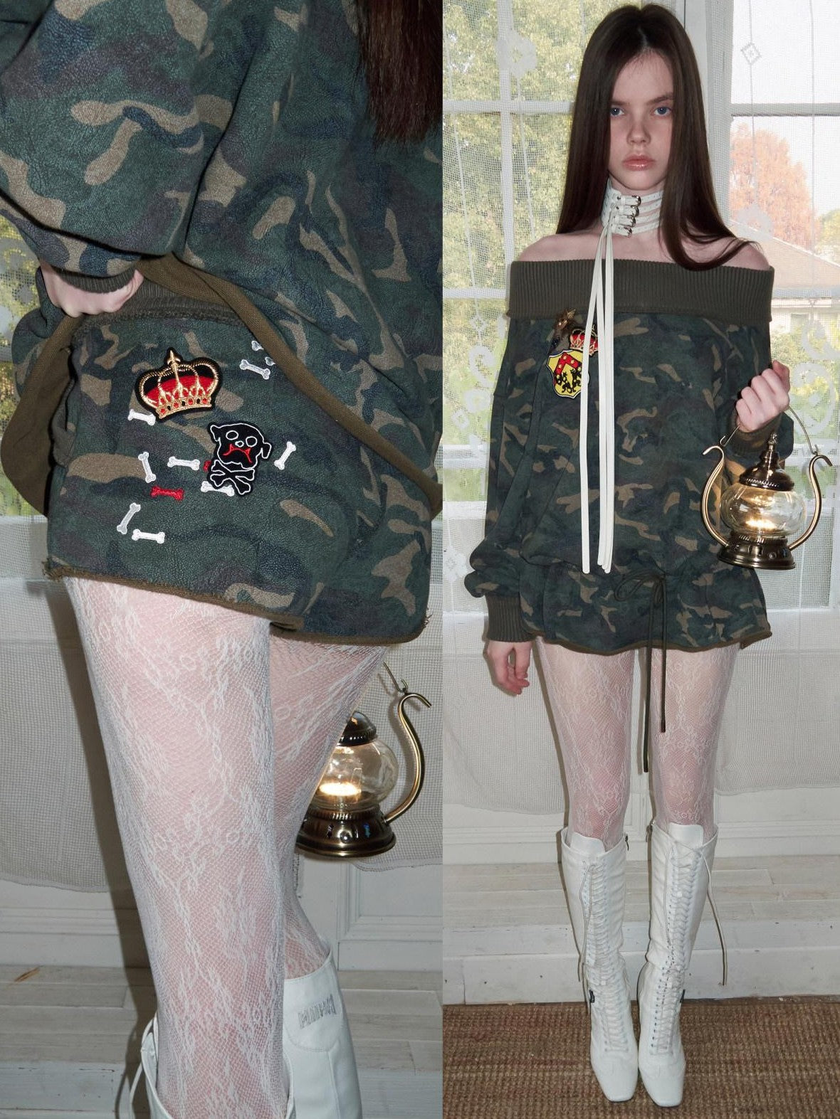 1JINN STUDIO Camouflage Asymmetrical Embroidered Badge Drawstring Women&
