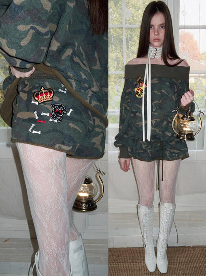 1JINN STUDIO Camouflage Asymmetrical Embroidered Badge Drawstring Women&