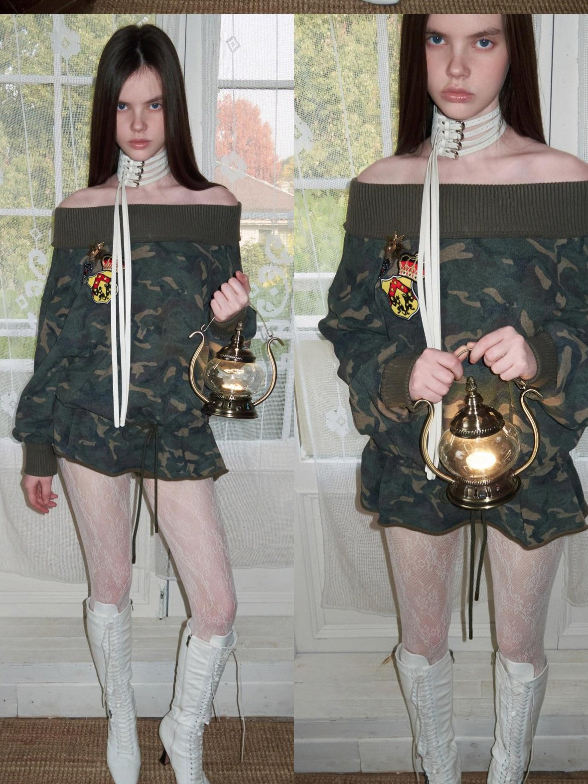 1JINN STUDIO Camouflage Asymmetrical Embroidered Badge Drawstring Women&