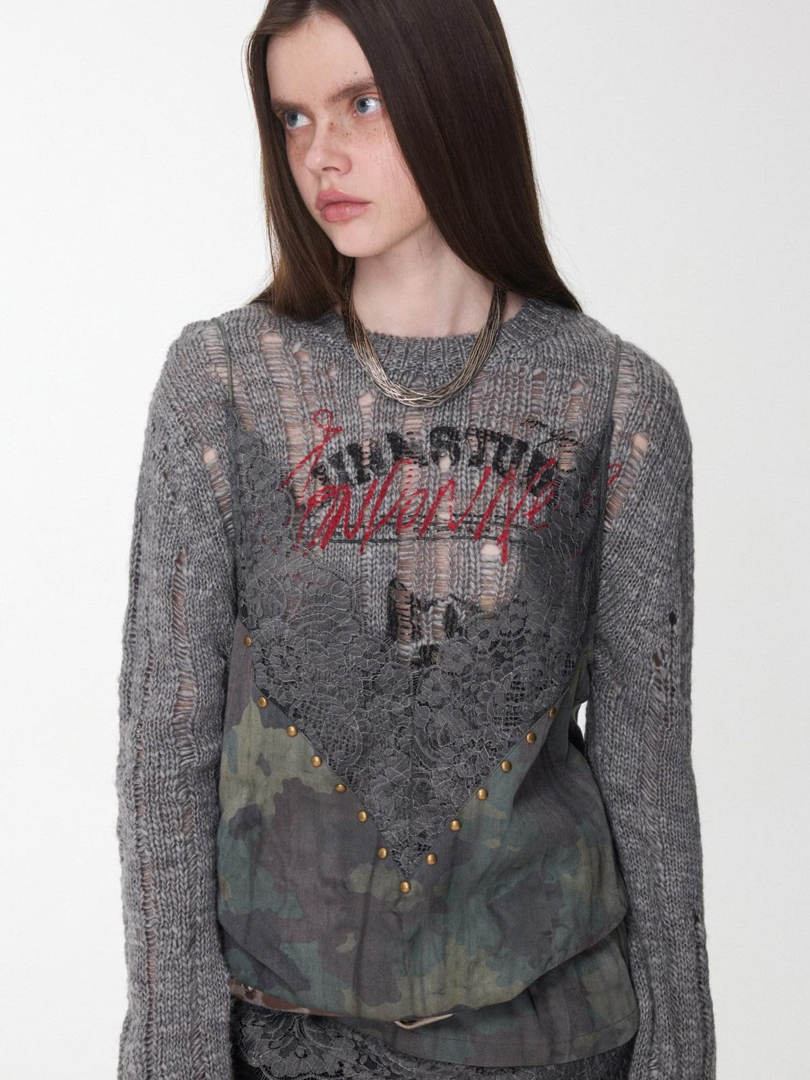 1JINN STUDIO Camouflage Lace Patchwork Rhinestone V-neck Women&