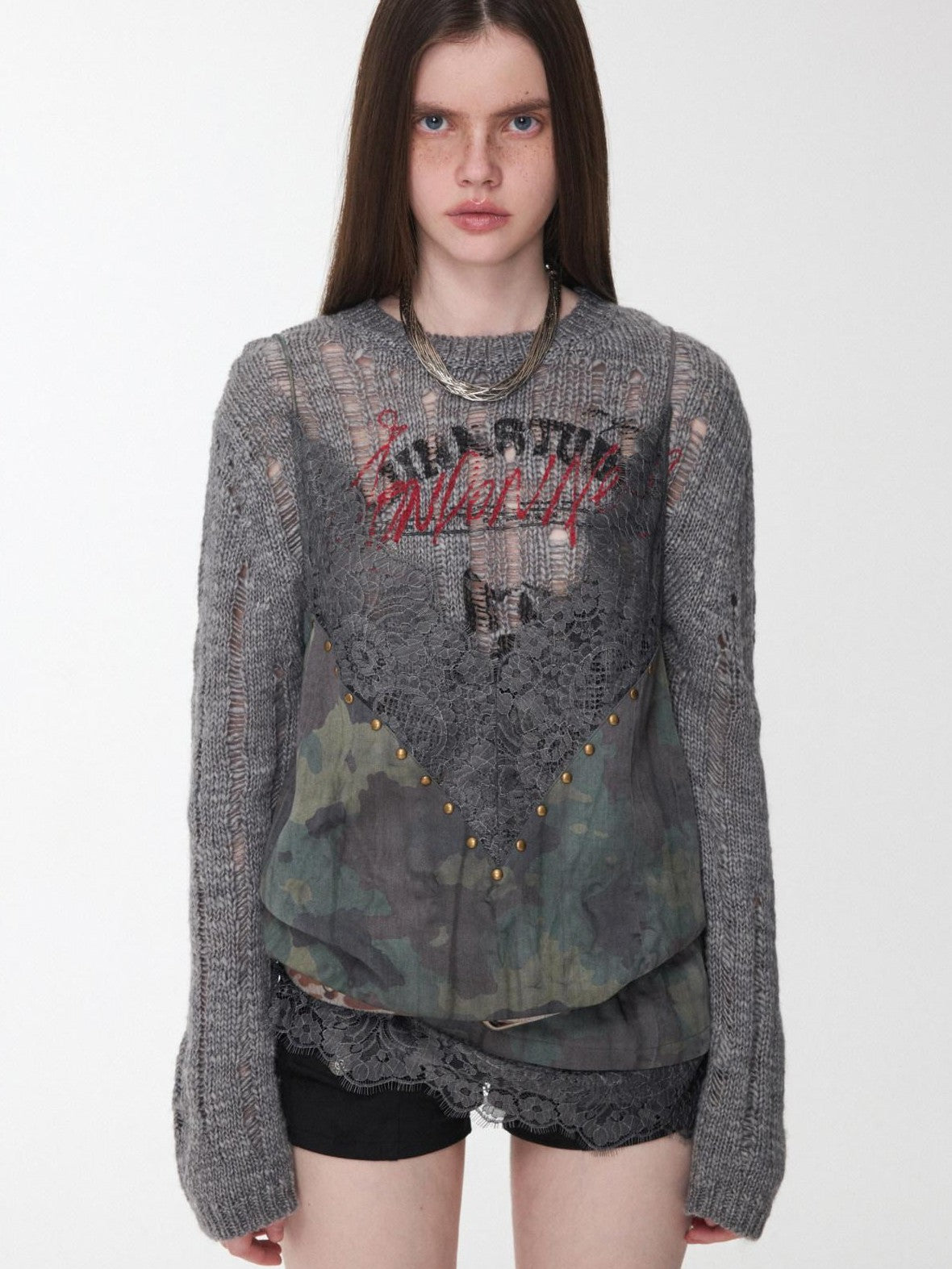 1JINN STUDIO Camouflage Lace Patchwork Rhinestone V-neck Women&