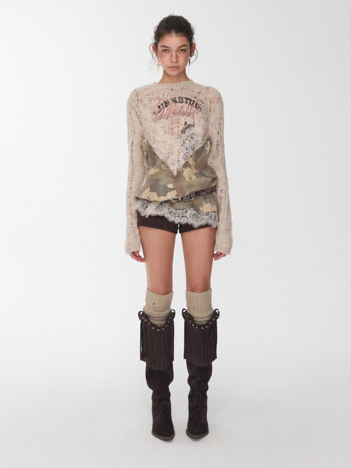 1JINN STUDIO Camouflage Lace Patchwork Rhinestone V-neck Women&