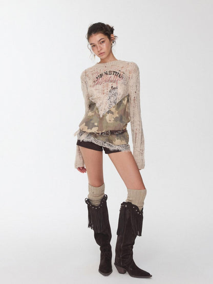 1JINN STUDIO Camouflage Lace Patchwork Rhinestone V-neck Women&