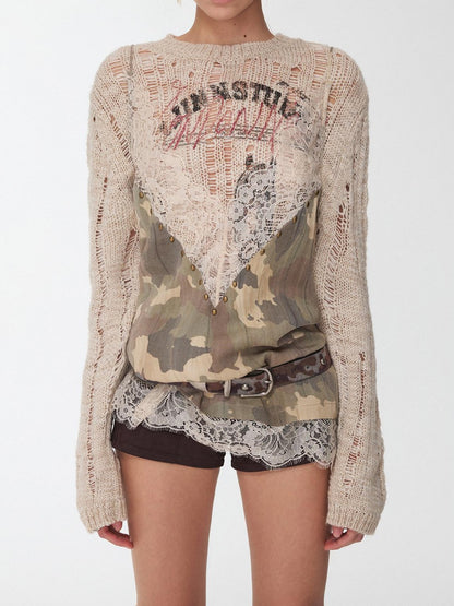 1JINN STUDIO Camouflage Lace Patchwork Rhinestone V-neck Women&
