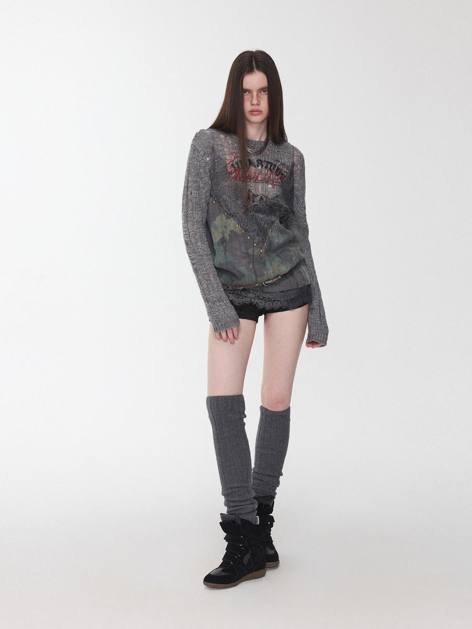 1JINN STUDIO Camouflage Lace Patchwork Rhinestone V-neck Women&