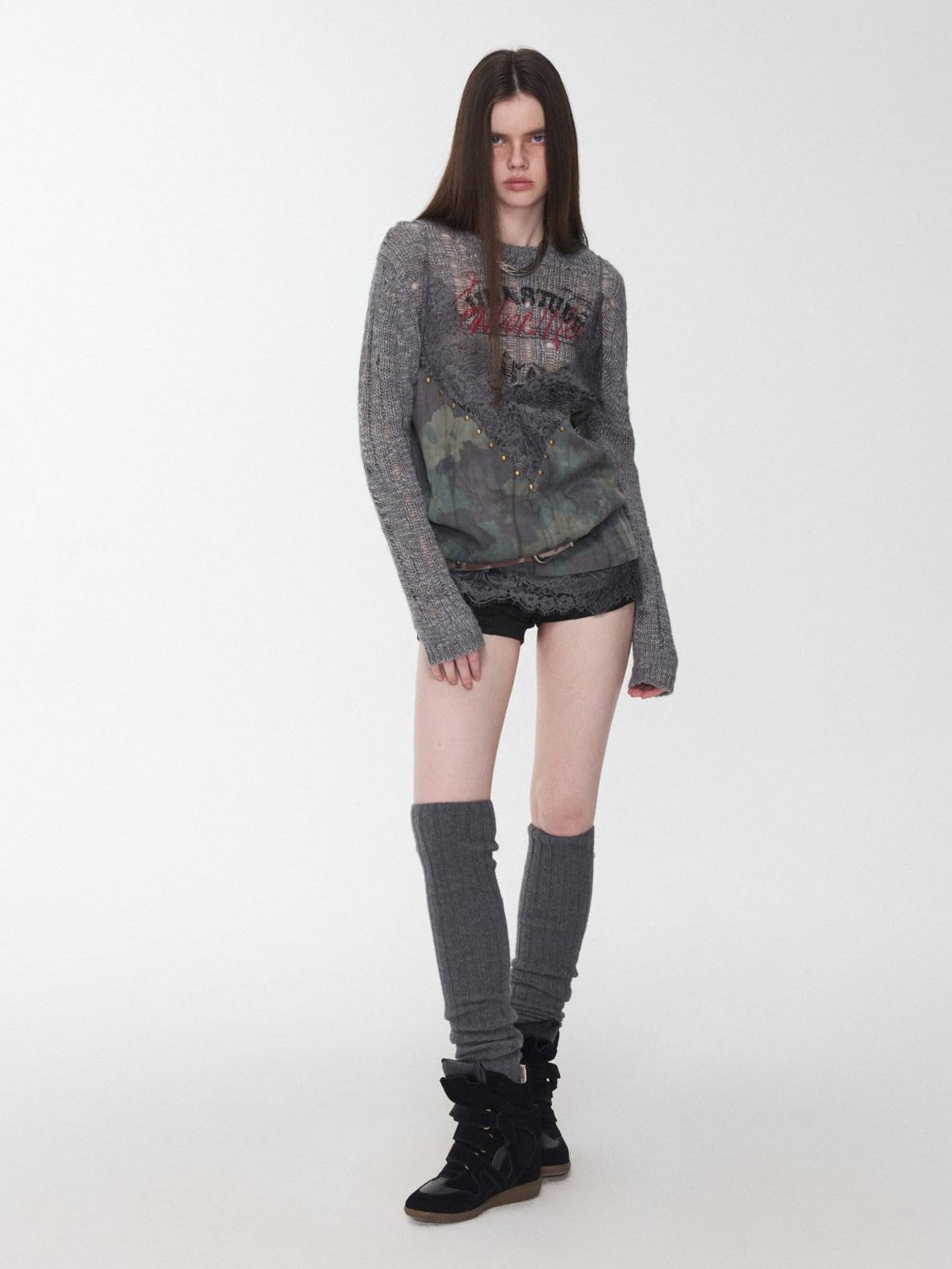 1JINN STUDIO Camouflage Lace Patchwork Rhinestone V-neck Women&