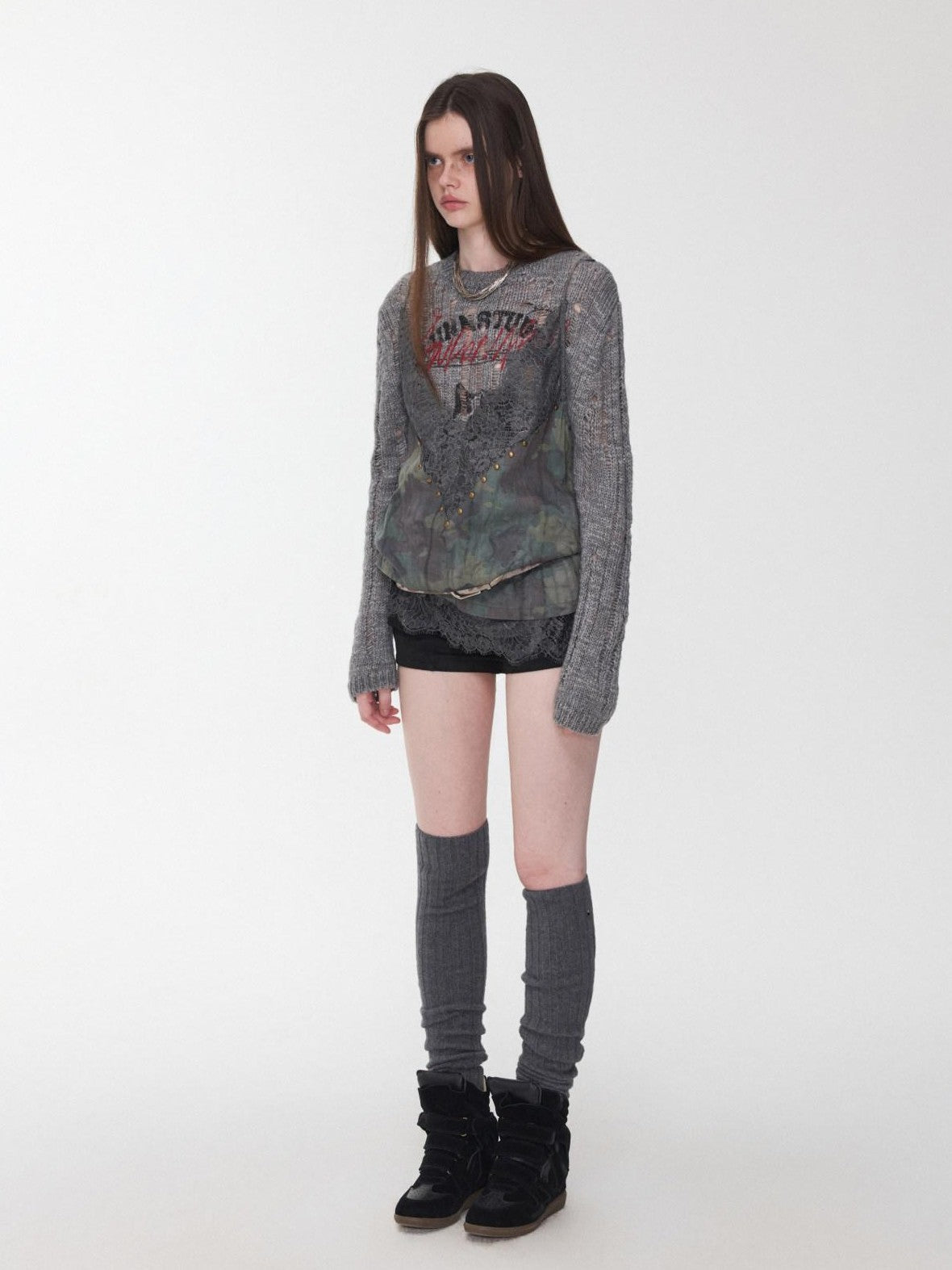 1JINN STUDIO Camouflage Lace Patchwork Rhinestone V-neck Women&