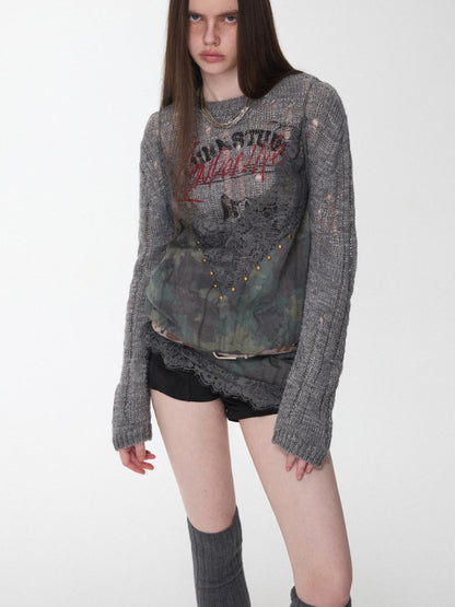 1JINN STUDIO Camouflage Lace Patchwork Rhinestone V-neck Women&