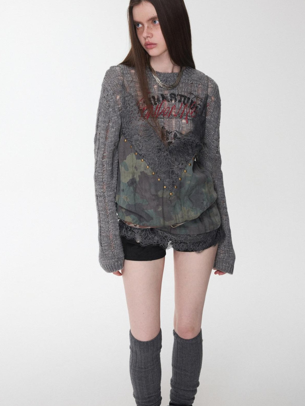 1JINN STUDIO Camouflage Lace Patchwork Rhinestone V-neck Women&