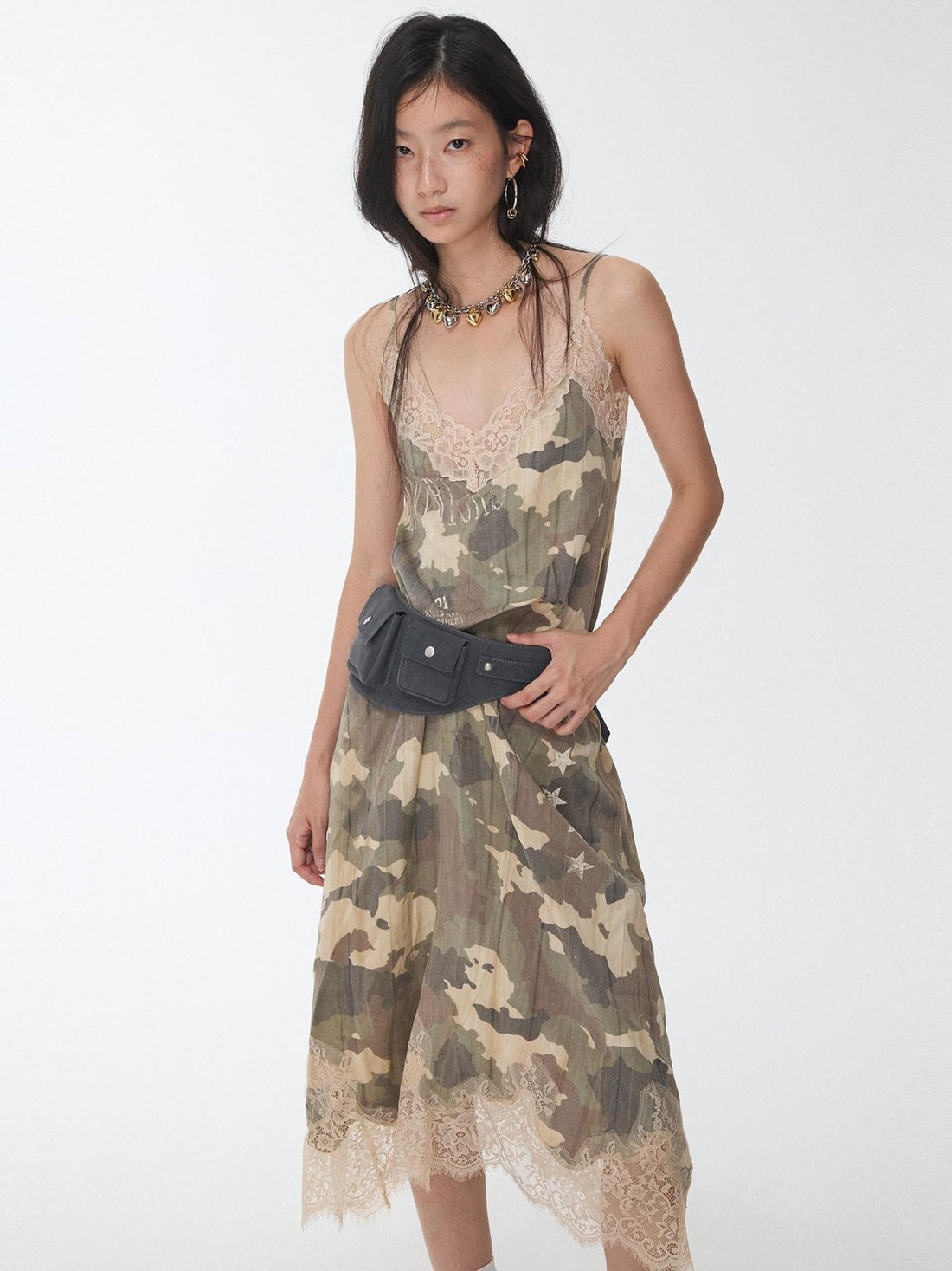 1JINN STUDIO Camouflage Print Lace Trim V-neck Spaghetti Strap Women&