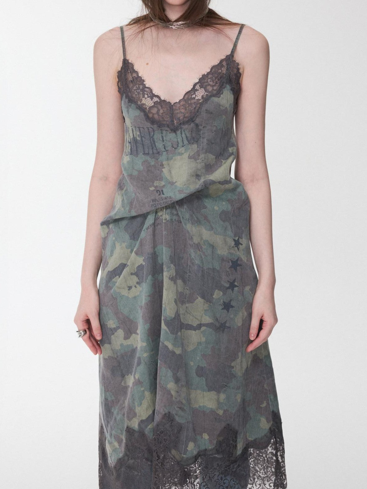 1JINN STUDIO Camouflage Print Lace Trim V-neck Spaghetti Strap Women&