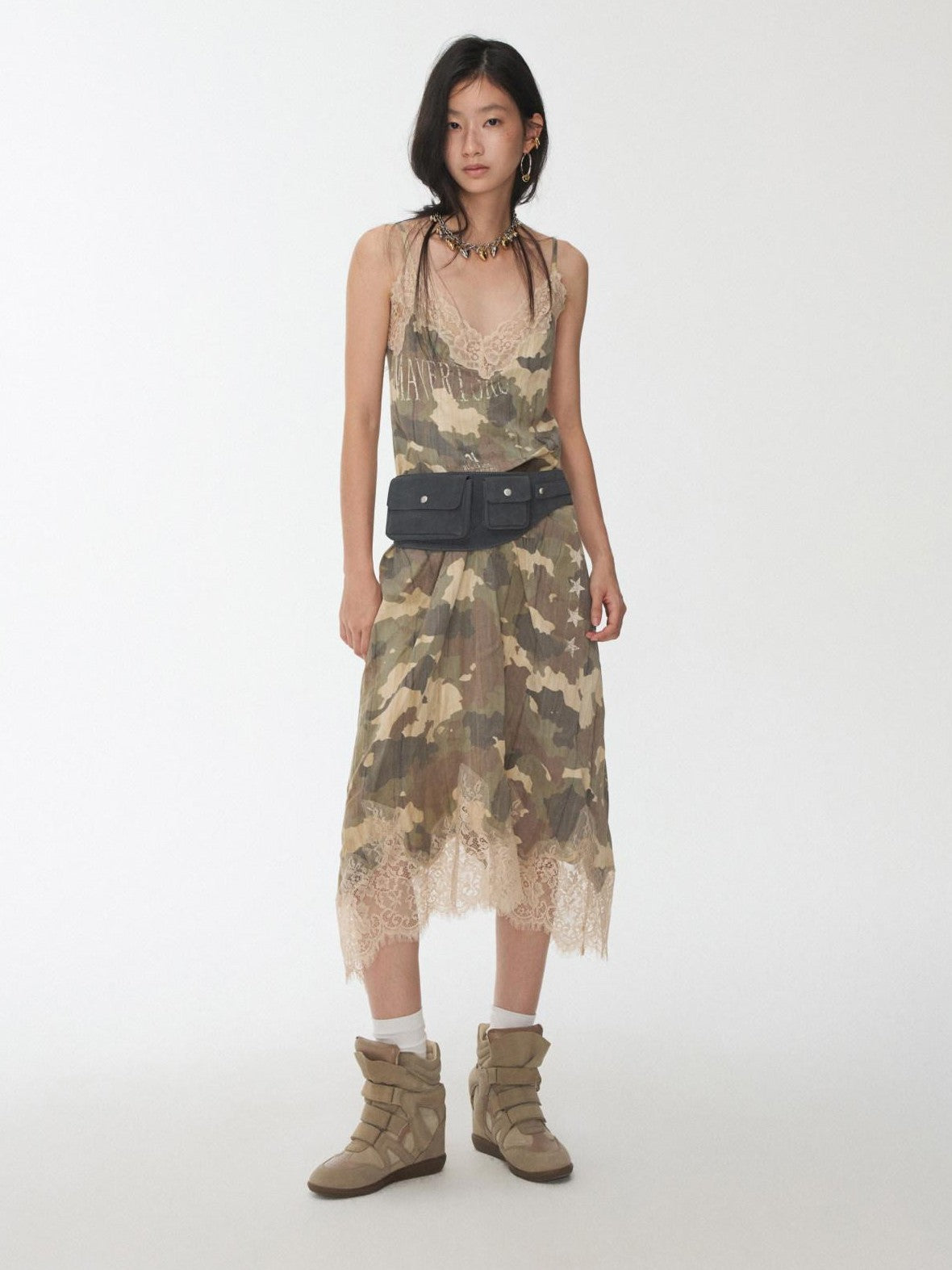 1JINN STUDIO Camouflage Print Lace Trim V-neck Spaghetti Strap Women&