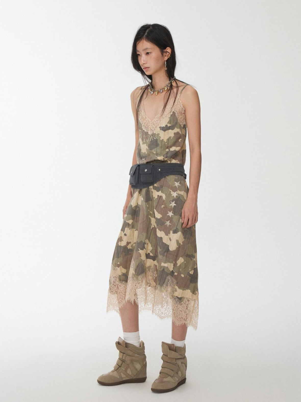 1JINN STUDIO Camouflage Print Lace Trim V-neck Spaghetti Strap Women&