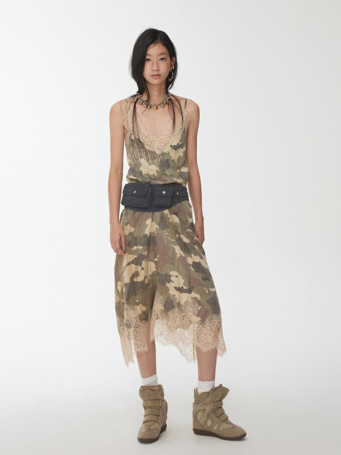 1JINN STUDIO Camouflage Print Lace Trim V-neck Spaghetti Strap Women&