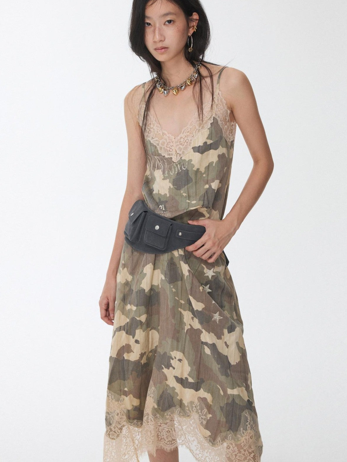 1JINN STUDIO Camouflage Print Lace Trim V-neck Spaghetti Strap Women&