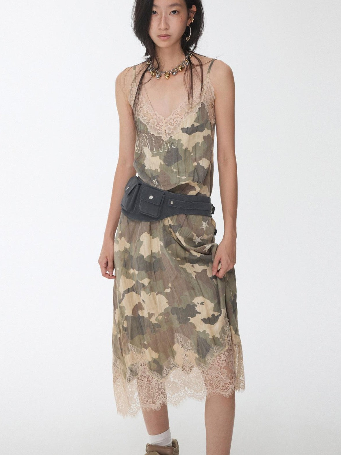 1JINN STUDIO Camouflage Print Lace Trim V-neck Spaghetti Strap Women&