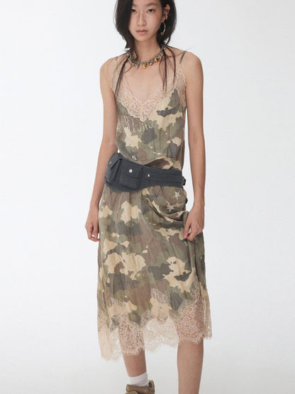 1JINN STUDIO Camouflage Print Lace Trim V-neck Spaghetti Strap Women&