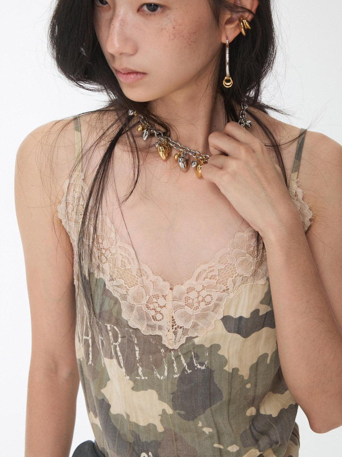 1JINN STUDIO Camouflage Print Lace Trim V-neck Spaghetti Strap Women&