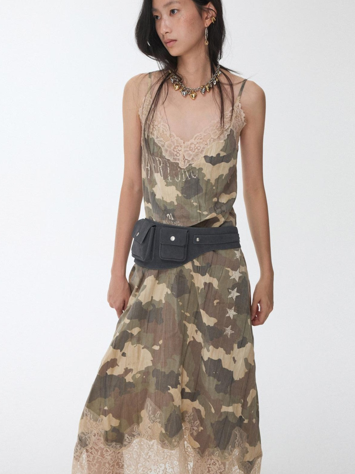 1JINN STUDIO Camouflage Print Lace Trim V-neck Spaghetti Strap Women&