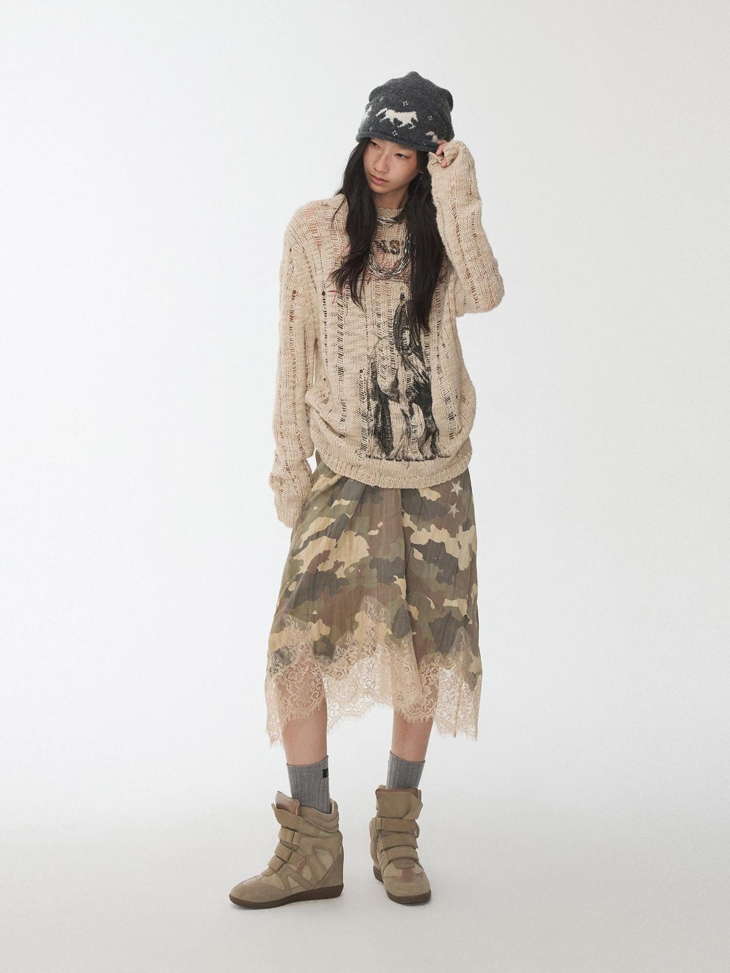 1JINN STUDIO Camouflage Print Lace Trim V-neck Spaghetti Strap Women&