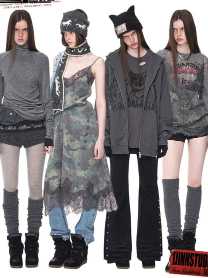 1JINN STUDIO Camouflage Print Lace Trim V-neck Spaghetti Strap Women&