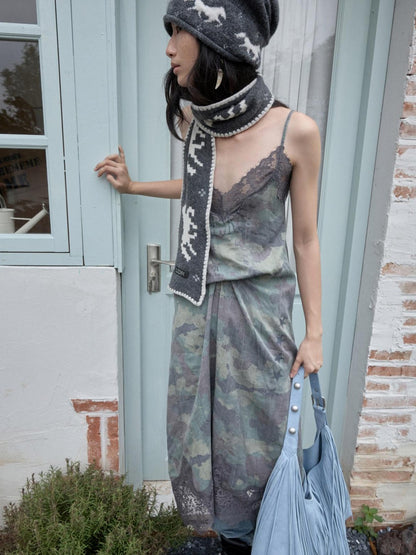 1JINN STUDIO Camouflage Print Lace Trim V-neck Spaghetti Strap Women&