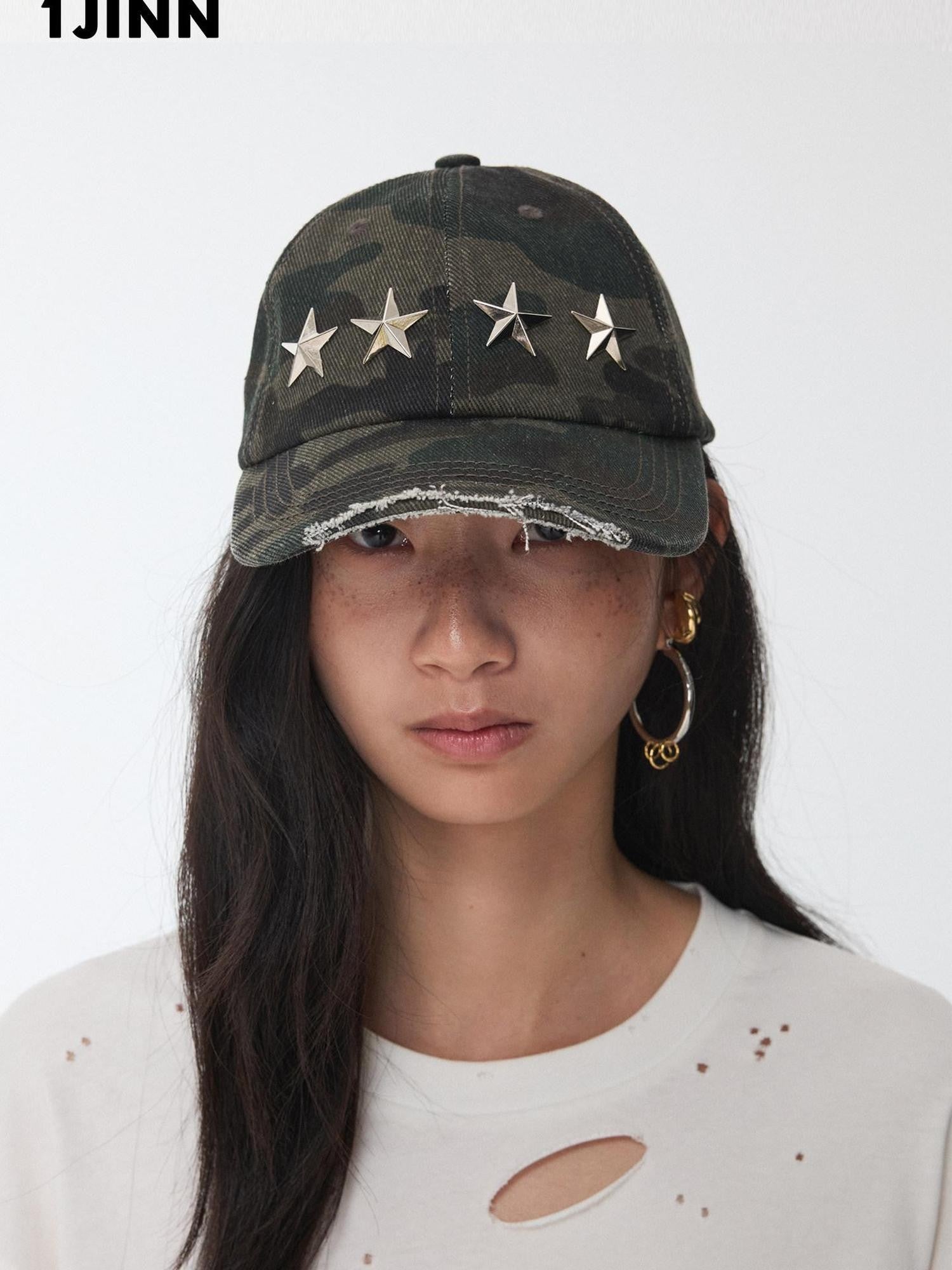 1JINN STUDIO Camouflage Washed Distressed Star Stud Deep Wide Brim Women&