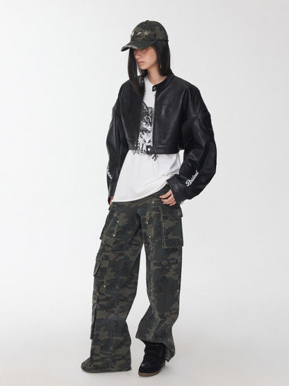 1JINN STUDIO Camouflage Washed Distressed Star Stud Deep Wide Brim Women&