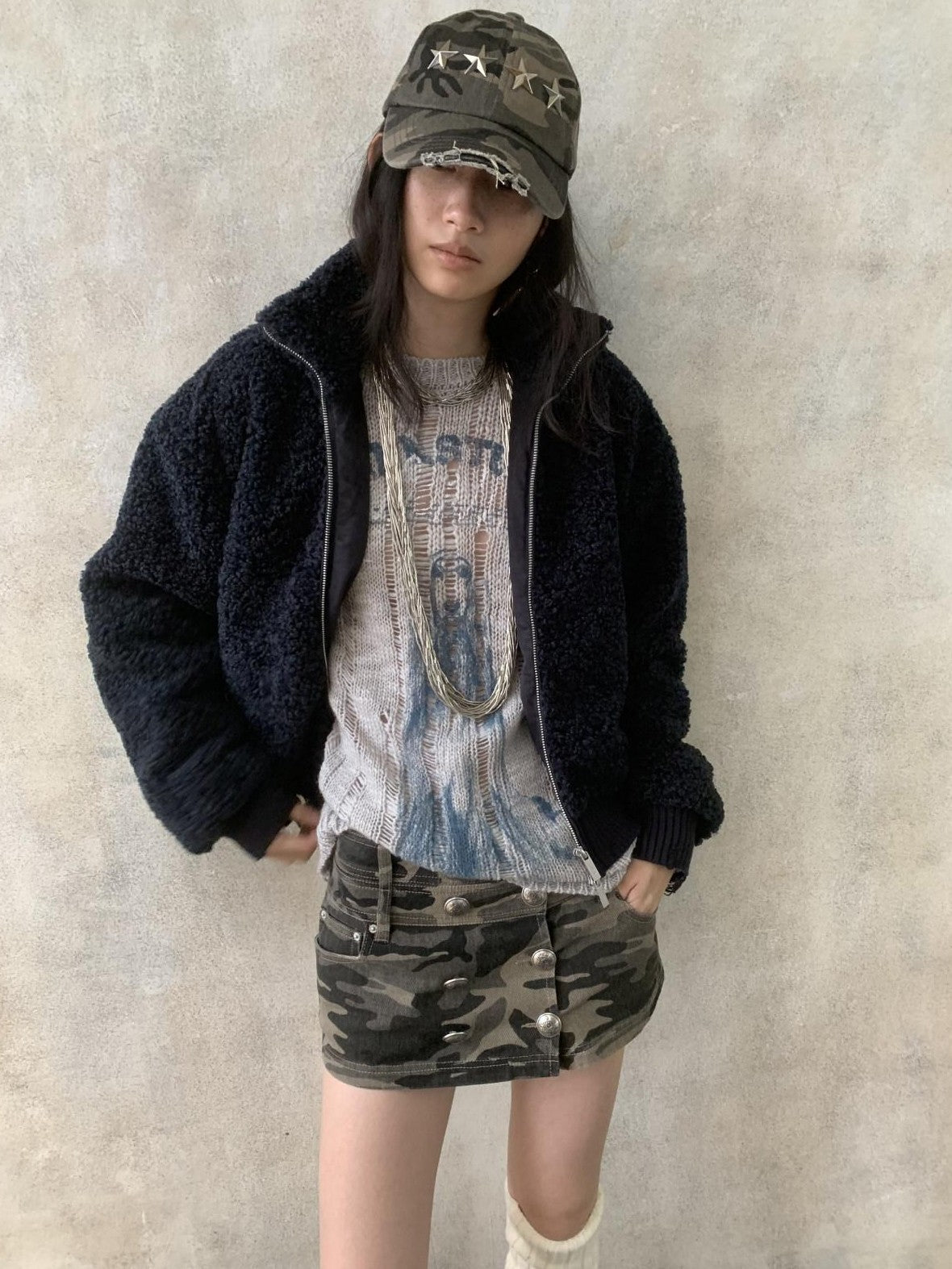 1JINN STUDIO Camouflage Washed Distressed Star Stud Deep Wide Brim Women&
