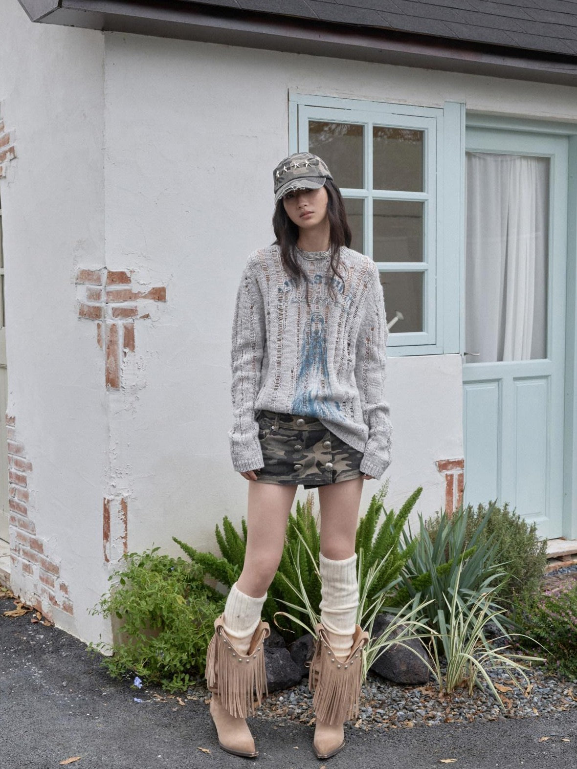 1JINN STUDIO Camouflage Washed Distressed Star Stud Deep Wide Brim Women&