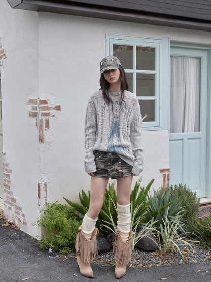 1JINN STUDIO Camouflage Washed Distressed Star Stud Deep Wide Brim Women&