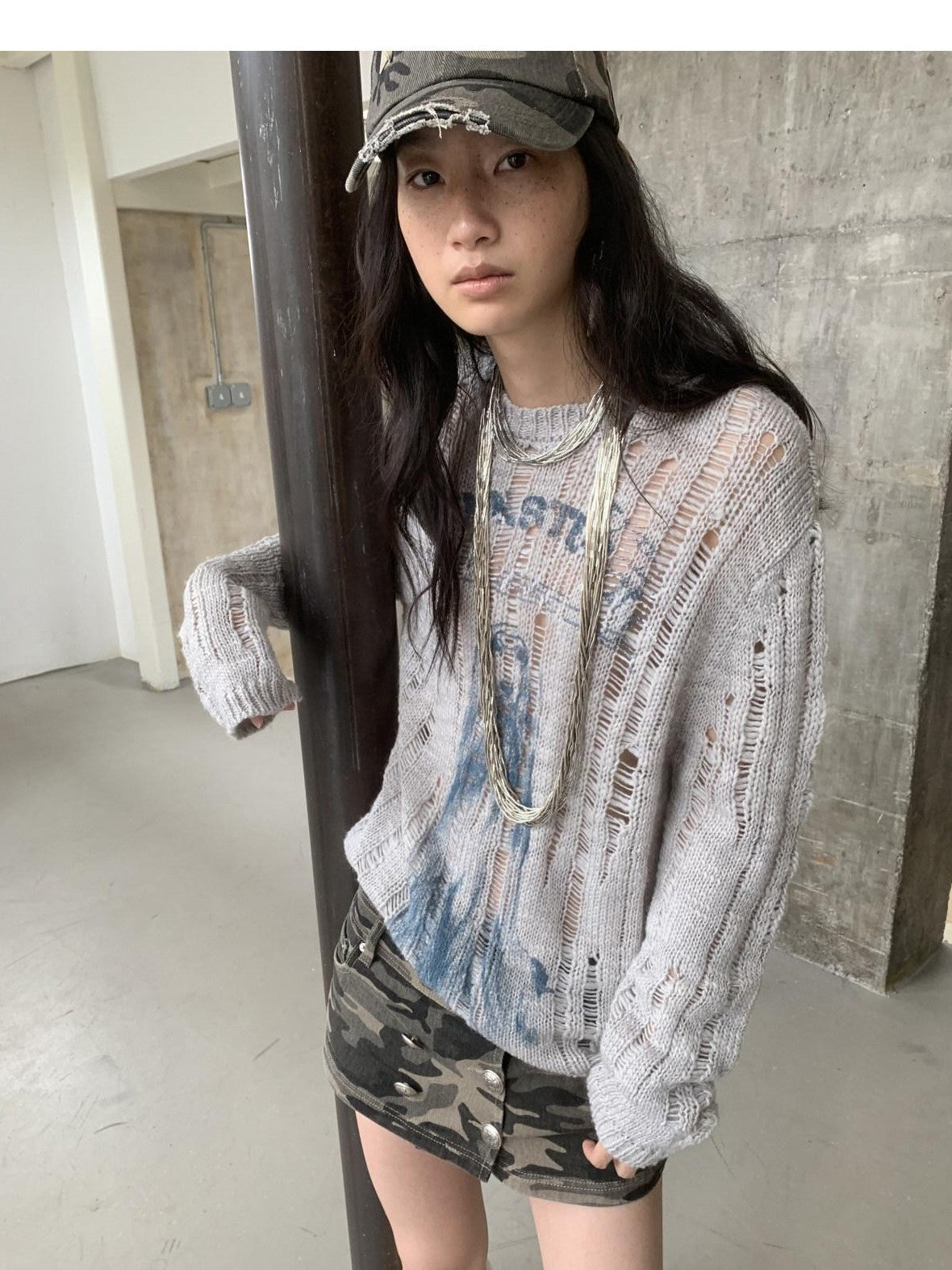 1JINN STUDIO Camouflage Washed Distressed Star Stud Deep Wide Brim Women&