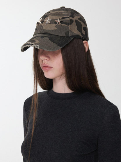 1JINN STUDIO Camouflage Washed Distressed Star Stud Deep Wide Brim Women&