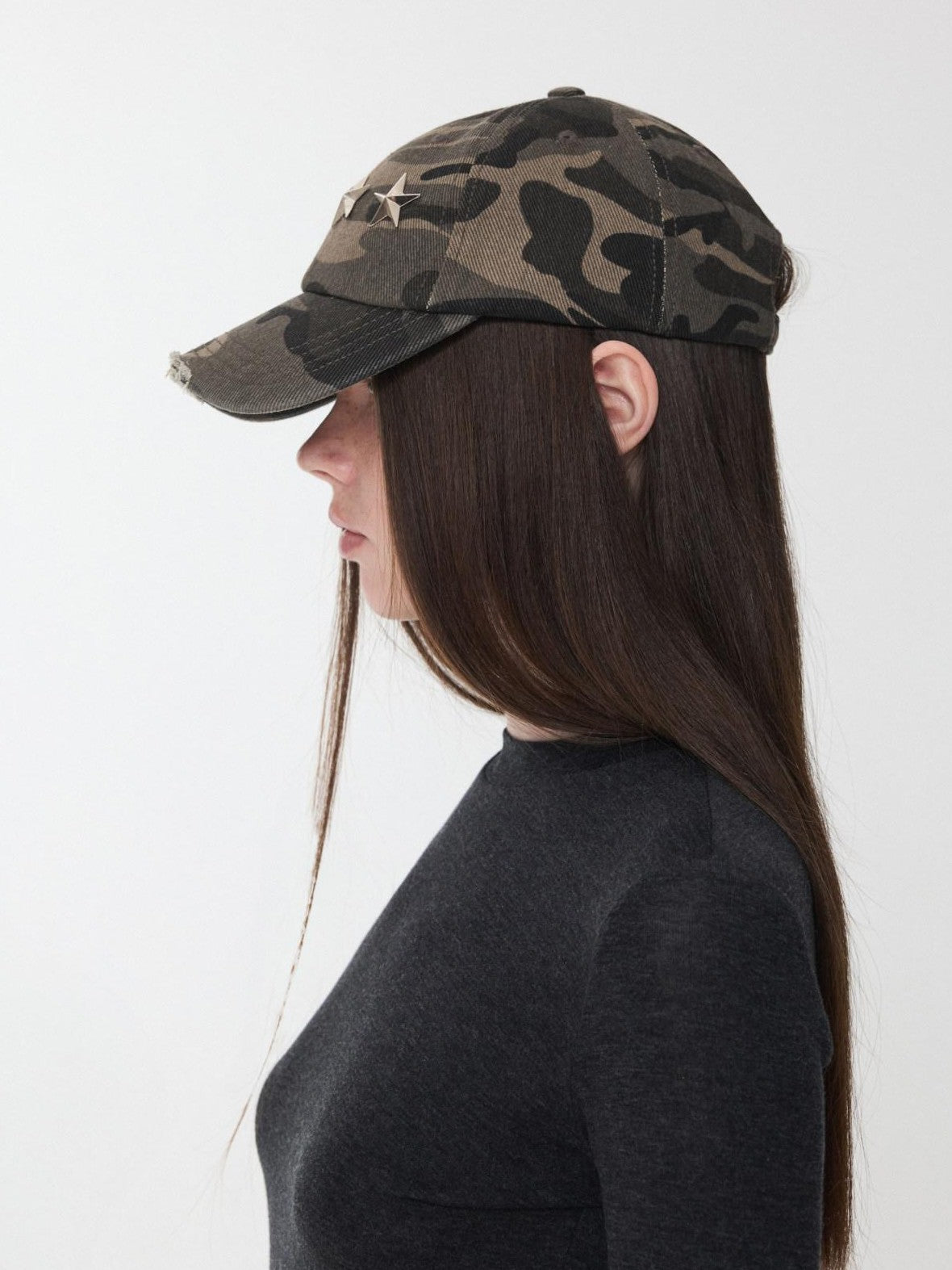 1JINN STUDIO Camouflage Washed Distressed Star Stud Deep Wide Brim Women&
