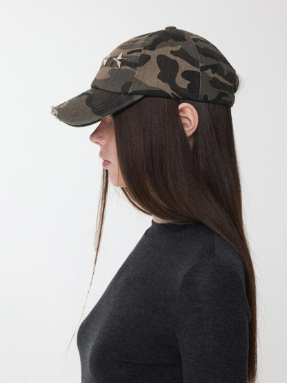 1JINN STUDIO Camouflage Washed Distressed Star Stud Deep Wide Brim Women&