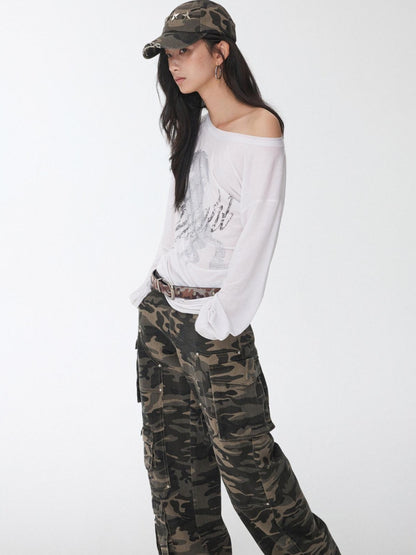 1JINN STUDIO Camouflage Washed Distressed Star Stud Deep Wide Brim Women&